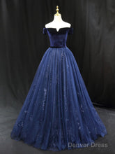 A-Line Blue Tulle Velvet Long Prom Dress, Blue Formal Evening Dress